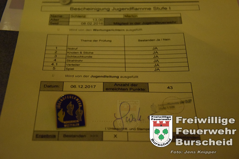 Urkunde und Anstecker Jugendflamme Stufe 1